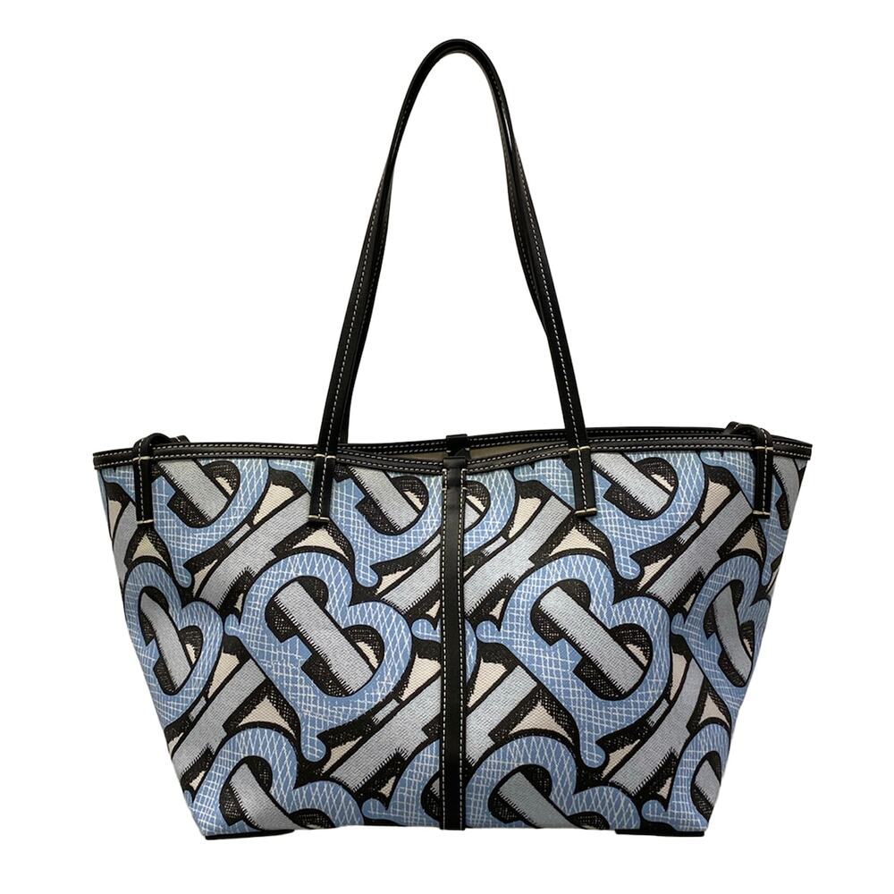 Burberry Mini Monogram-Print E-Canvas Beach Tote Bag Light Blue Black Coated